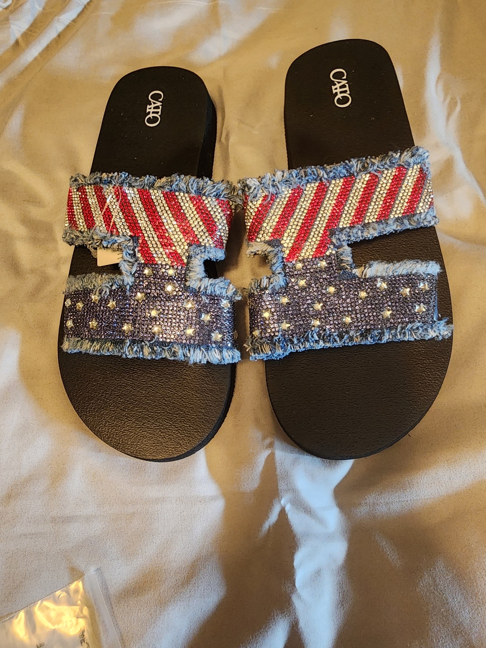 Cato Women's Red, White & Blue Beaded Denim Slide Sandals